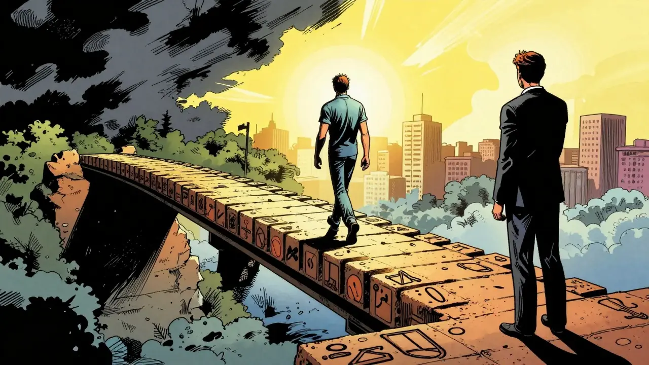 Člověk přechází po mostě z temnoty do světla, symbolizující úspěšné ukončení terapie.