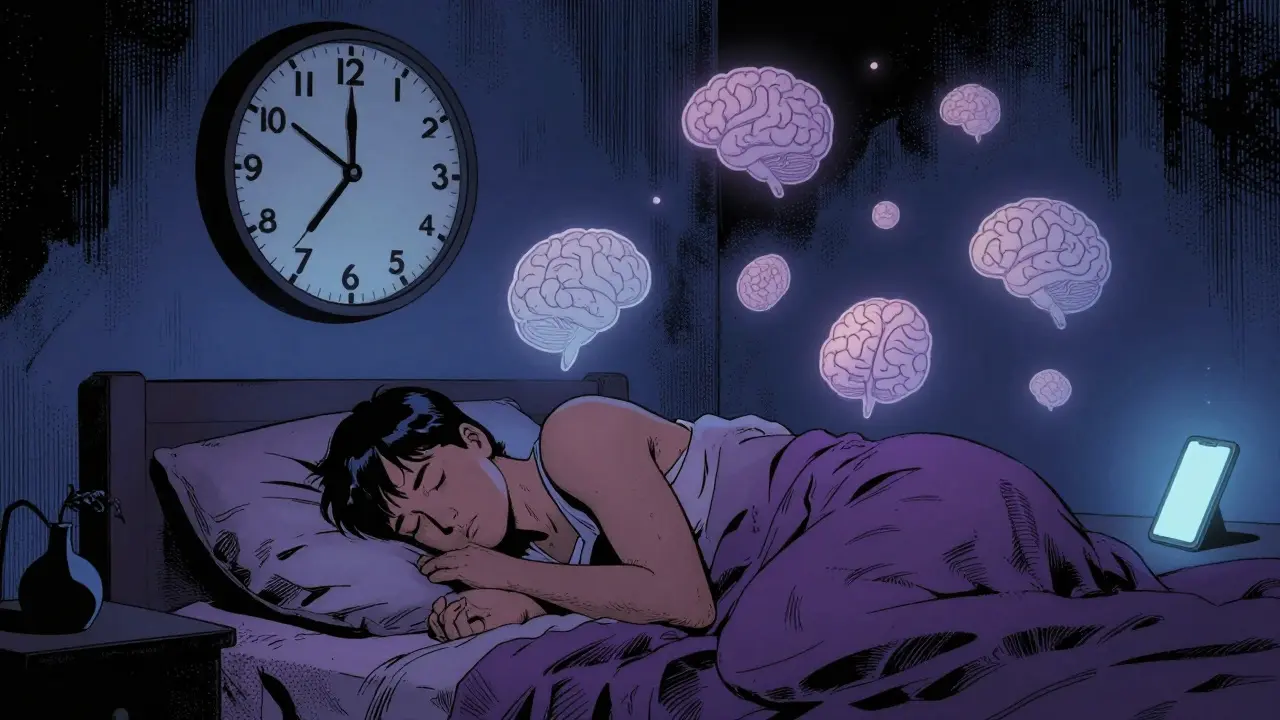 Člověk v hlubokém, zdravém spánku bez telefonu v komiksovém stylu.