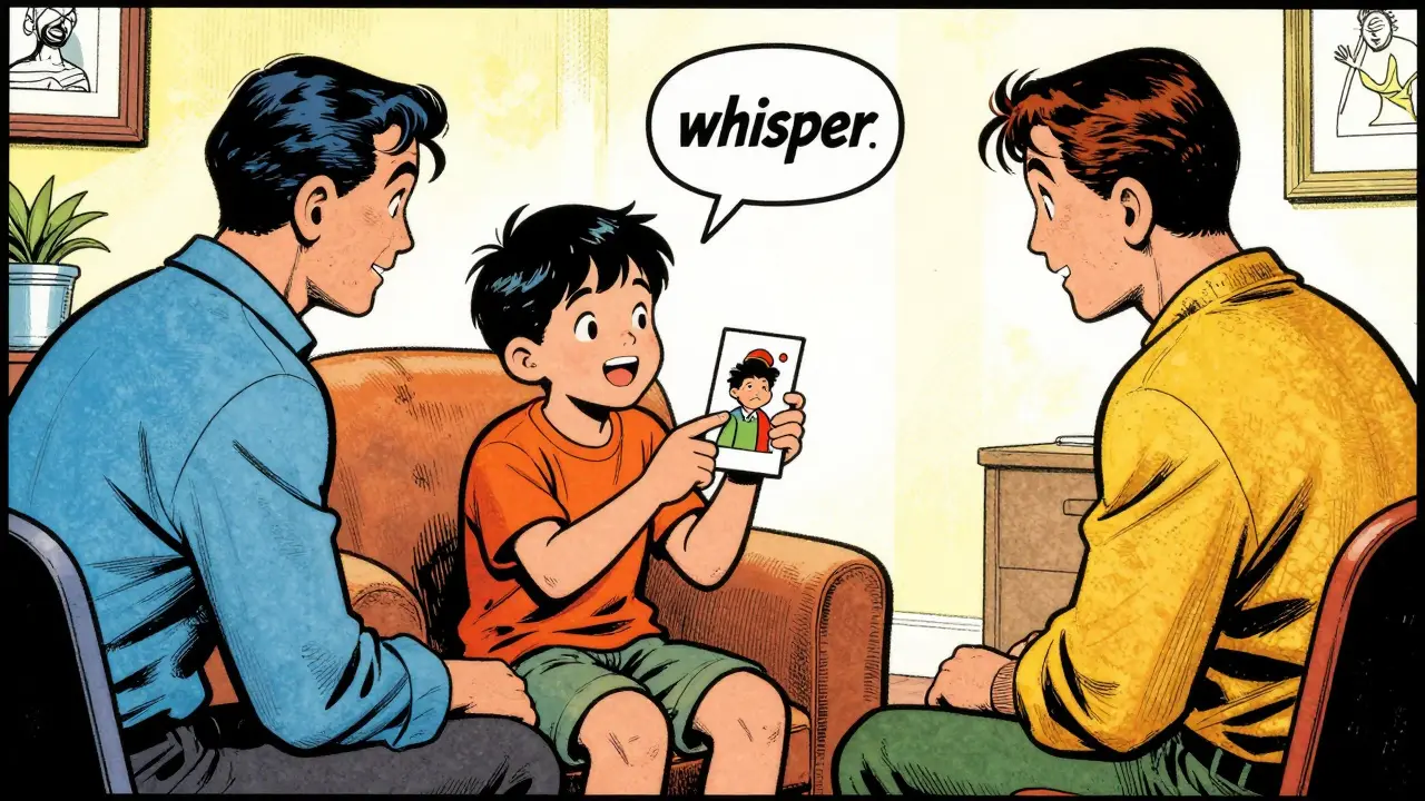 Dítě v terapii postupně začíná komunikovat pomocí gest a šeptání.