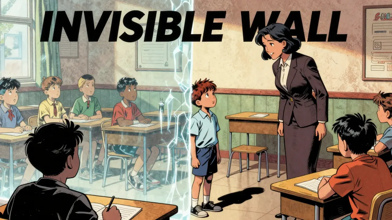 Dítě v třídě oddělené neviditelnou bariérou úzkosti.