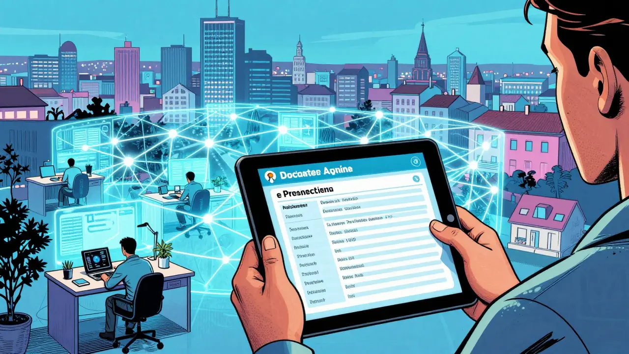 Futuristická vize digitálního zdraví v Praze s elektronickými záznamy v komiksovém stylu.