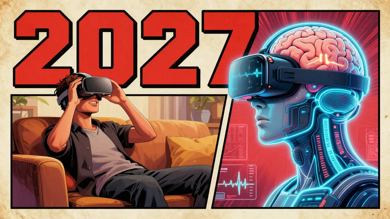 Futuristická vize VR terapie s podporou AI v estetice bronzové éry komiksů.