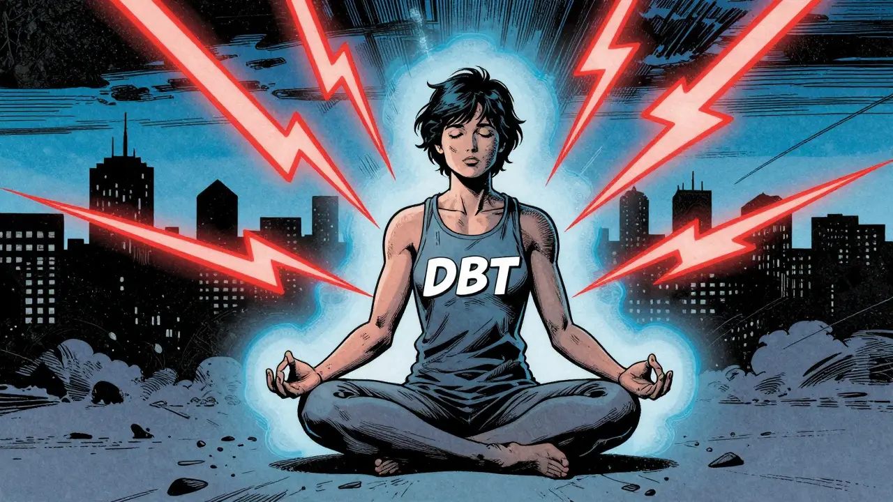 Ilustrace v komiksovém stylu znázornující emoční stabilitu a mindfulness při DBT.