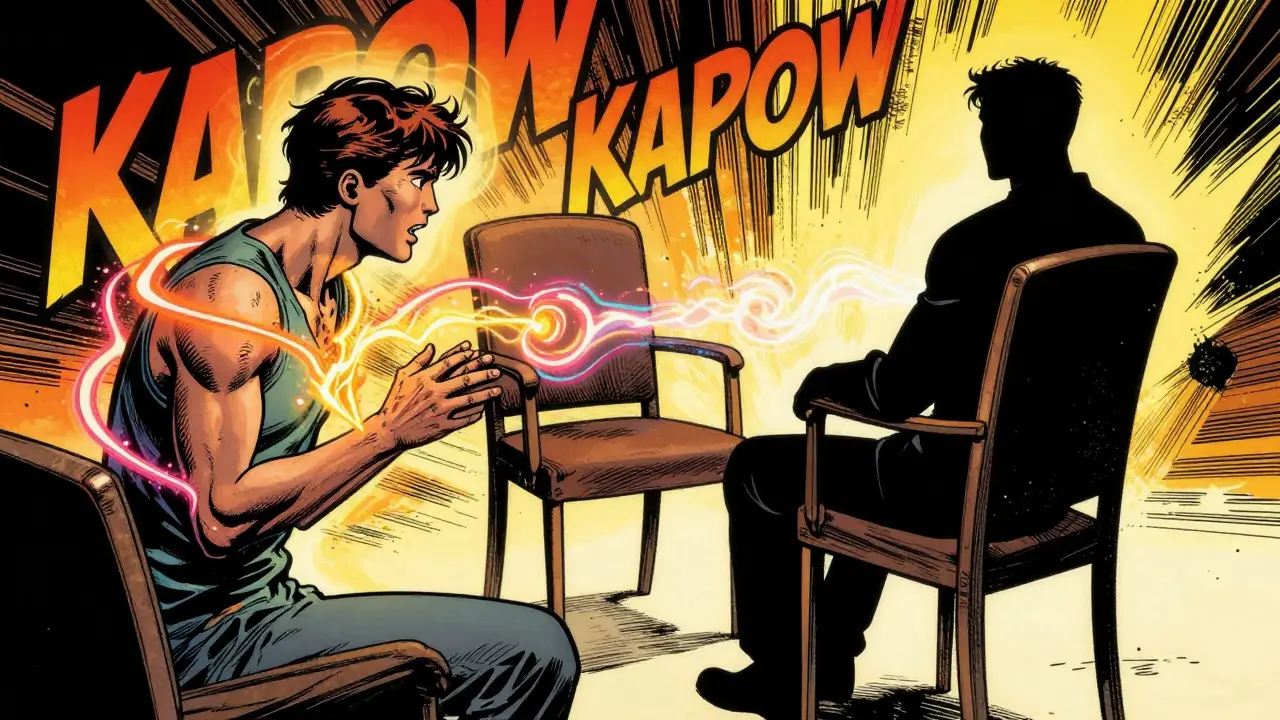 Ilustrace v stylu starého komiksu ukazující techniku prázdné židle v Gestalt terapii.