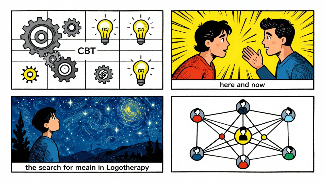 Kolaže znázorňující různé terapeutické přístupy jako KBT, Gestalt a Logoterapii.