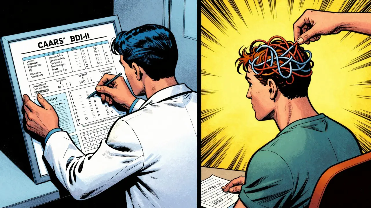 Kombinace diagnostiky a terapie znázorněná jako rozplétání zmatku v mysli.