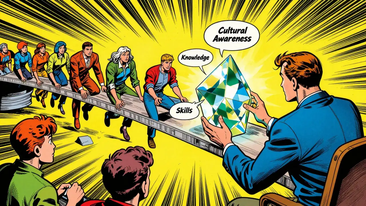Komiksová ilustrace terapeuta budujícího most porozumění skrze kulturní kompetence.