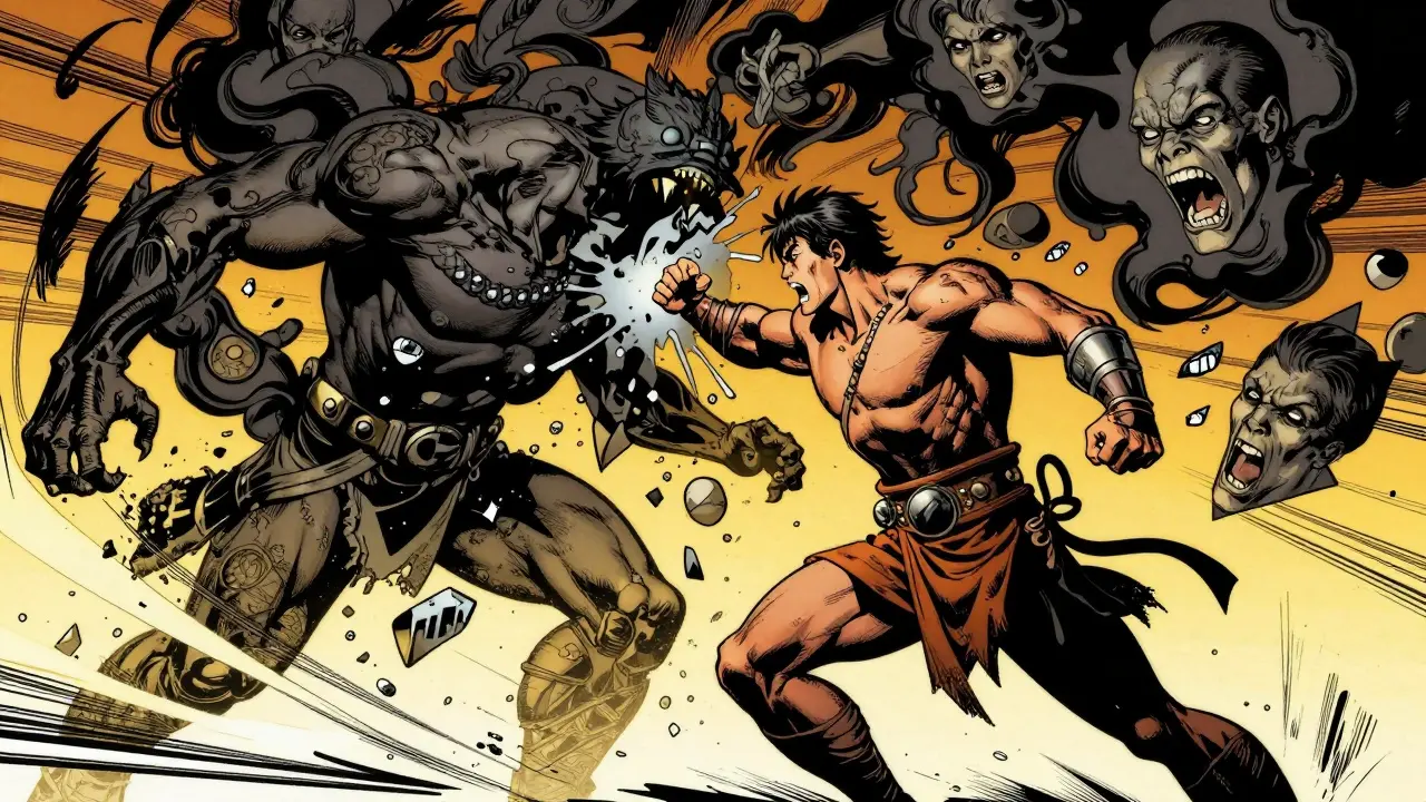 Komiksová scéna, kde hrdina bojuje proti stínům své traumatické minulosti.