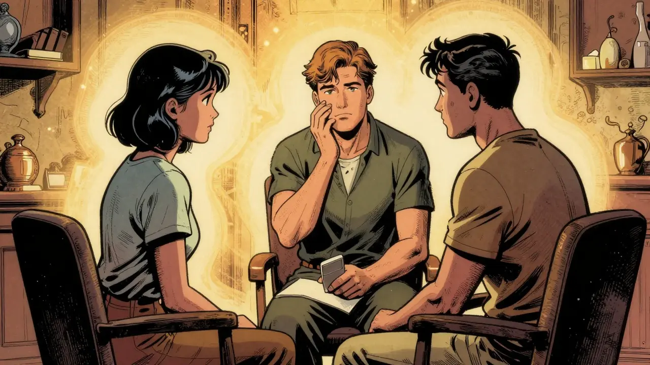 Komiksová scéna terapeutického rozhovoru plná empatie a bezpodmínečného přijetí.