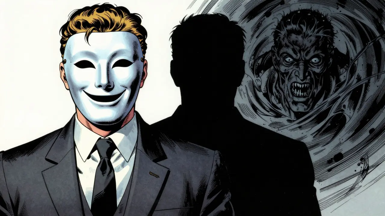 Komiksové zobrazení kontrastu mezi společenskou maskou Persony a temným Stínem.