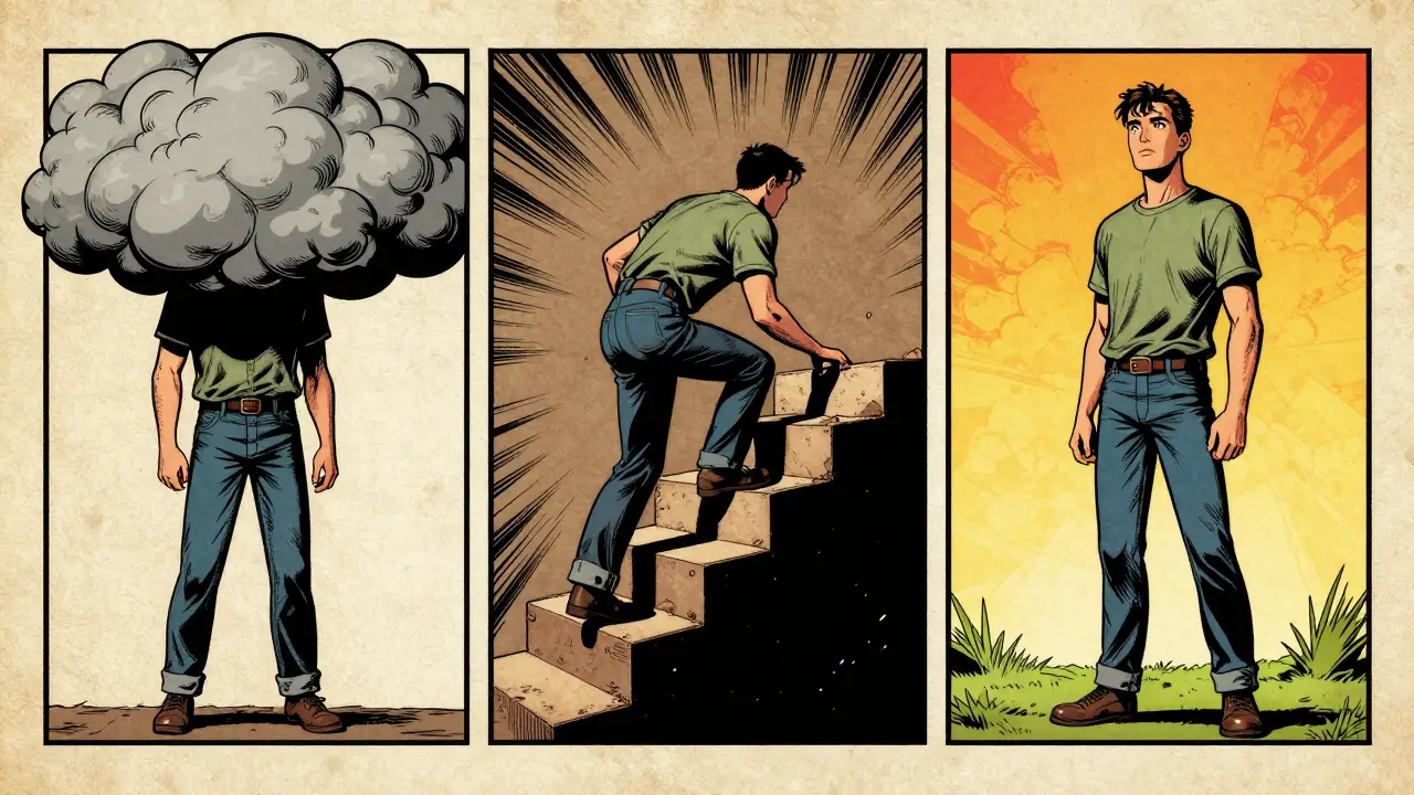 Komiksový montáž znázorňující postupný proces psychologického uzdravení.