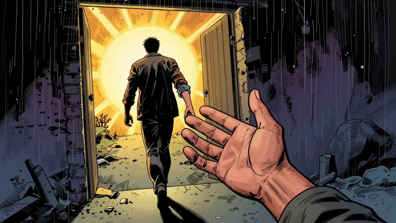 Komiksový obraz člověka kráčejícího z temnoty do světla s podporující rukou.