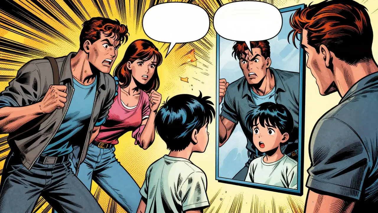 Komiksový obraz rodinného napětí, kde dítě zrcadlí konflikty mezi rodiči.