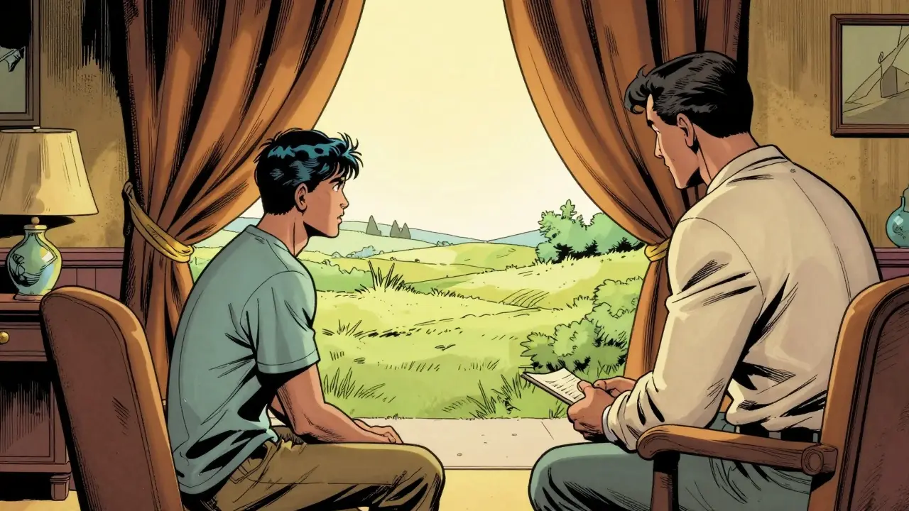 Komiksový obraz terapeutické sezení s přechodem z temnoty do jasného světla.