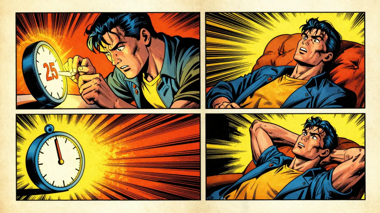 Komiksový panel znázornující techniku time-blockingu a střídání práce s pauzami.