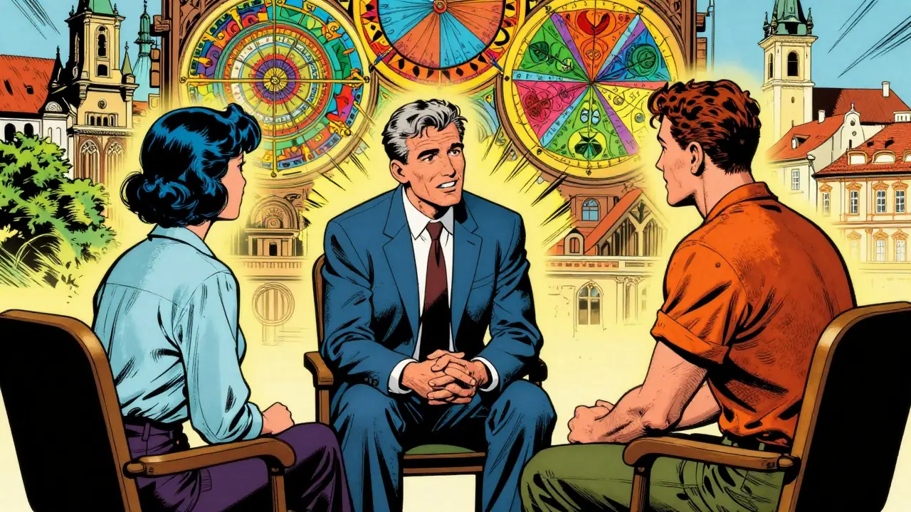 Komiksový záběr na úspěšnou terapii v Praze s motivem kaleidoskopu kultur.