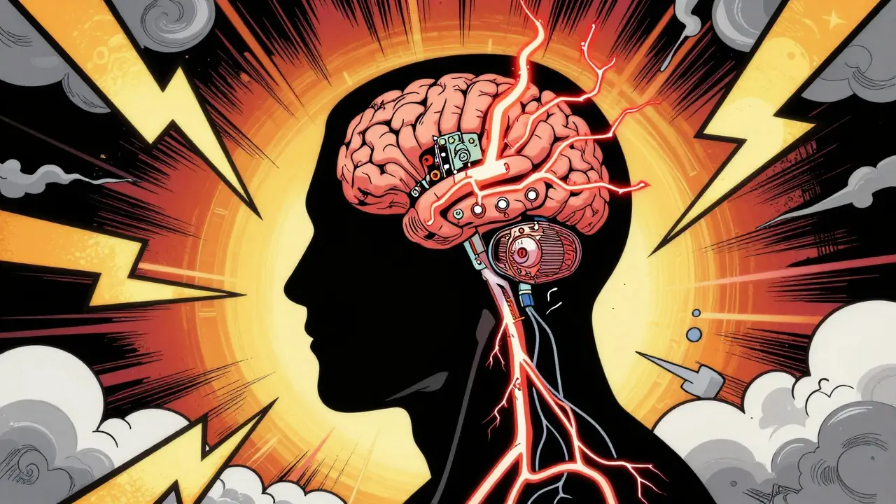 Konceptuální komiksový obraz mozku v režimu přežití s červenými elektrickými výboji.