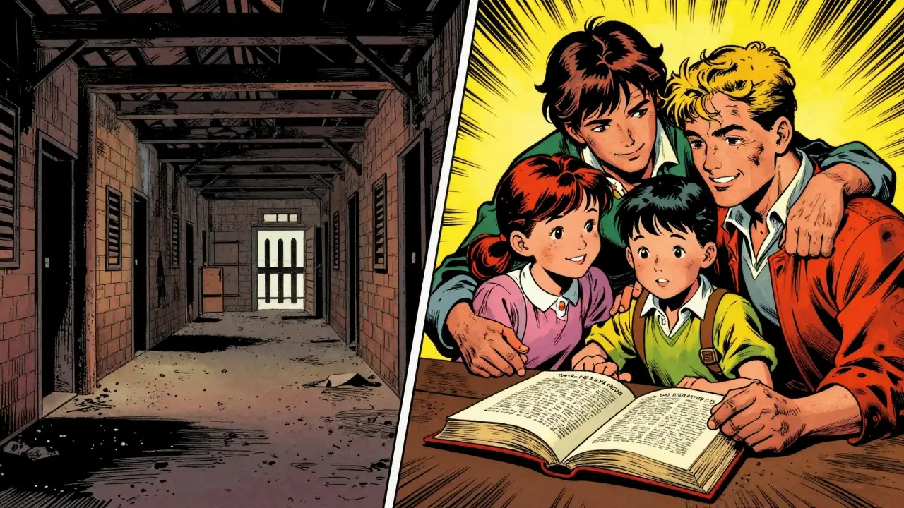 Kontrast mezi utrýcením v koncentračním táboře a vizí rodiny a smyslu.