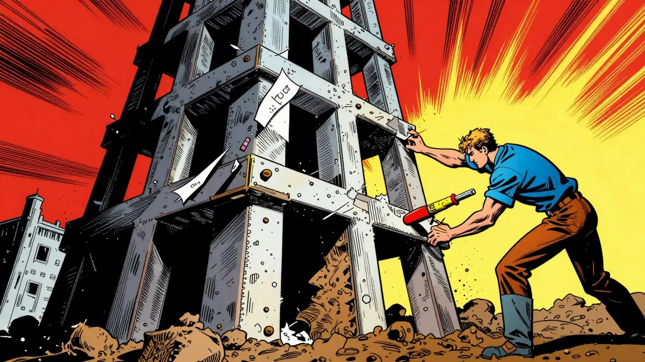 Metafora psychické léčby jako restaurace budovy v retro komiksovém stylu.