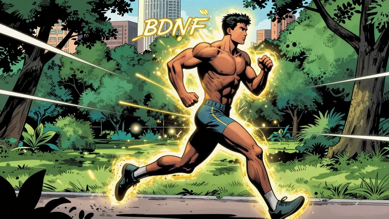 Muž běhající v parku s aurou symbolizující regeneraci mozku v komiksovém stylu.