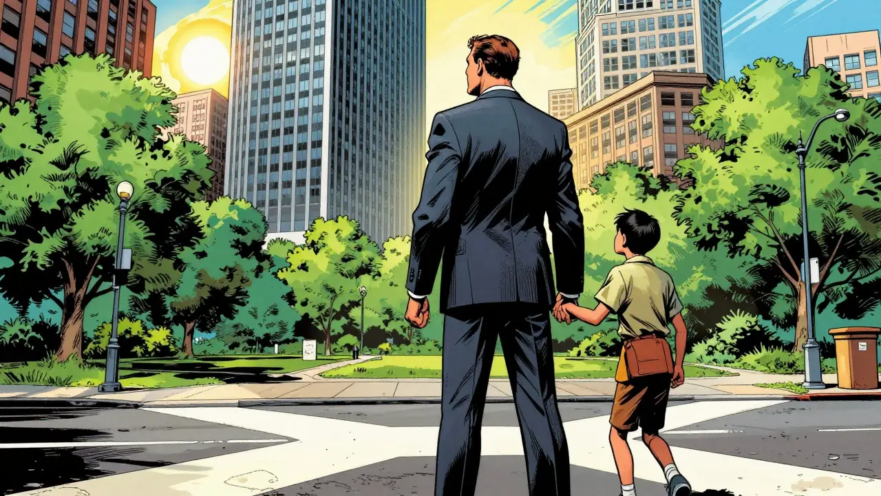 Muž v obleku hledící z korporátního světa směrem k pomoci ostatním v parku.