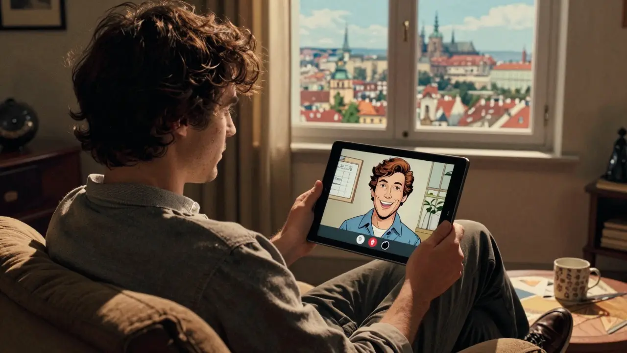 Osoba využívající online psychologickou terapii z domova v comicsovém stylu.