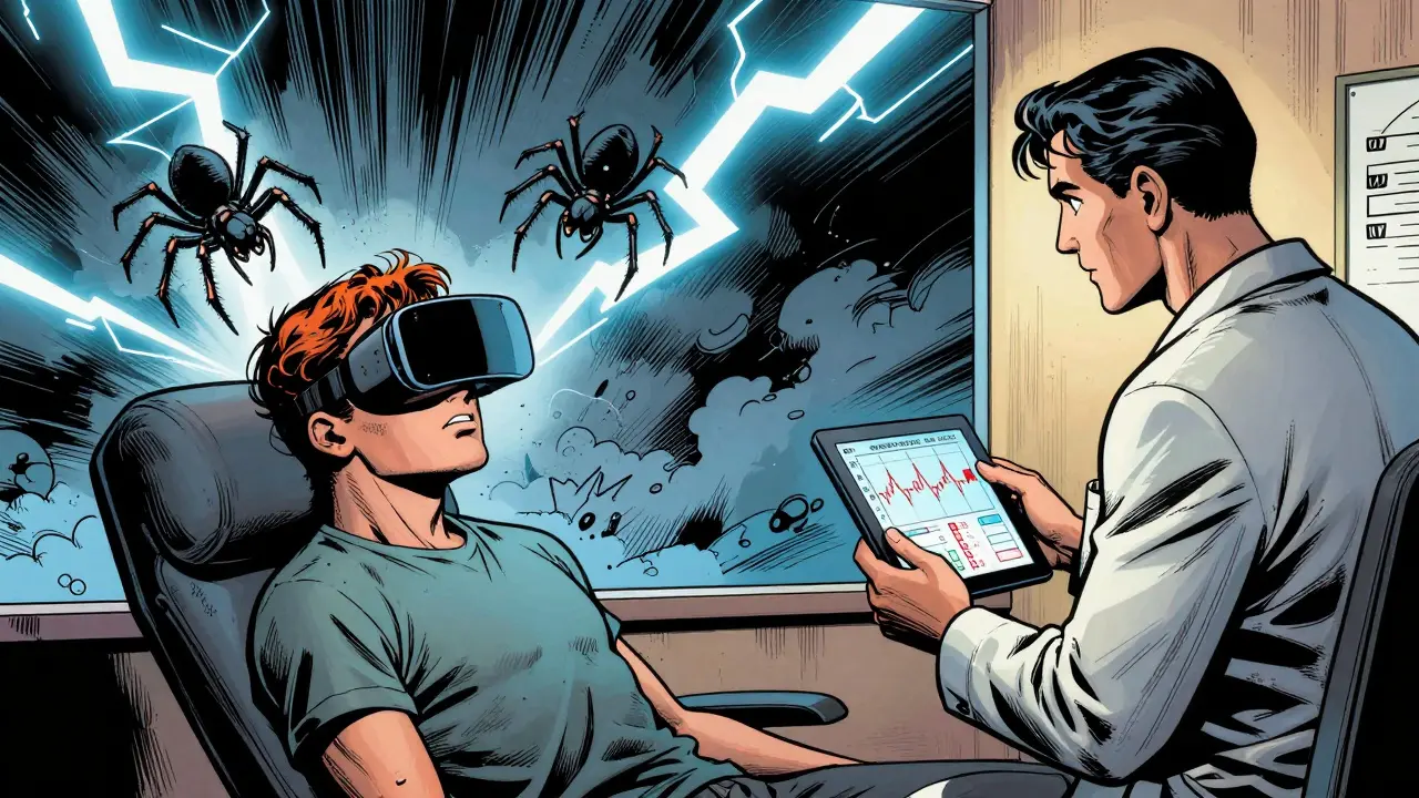 Pacient v VR simulaci strachů pod dohledem terapeuta v stylu starého komiksu.