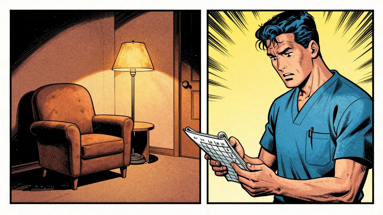 Prázdné terapeutické křeslo a znepokojený terapeut v stylu retro komiksu.