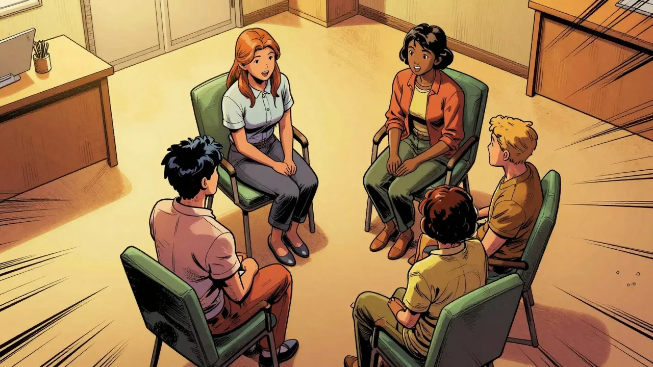Rodina a terapeut sedí společně v kruhu v nadějné atmosféře komiksového stylu.