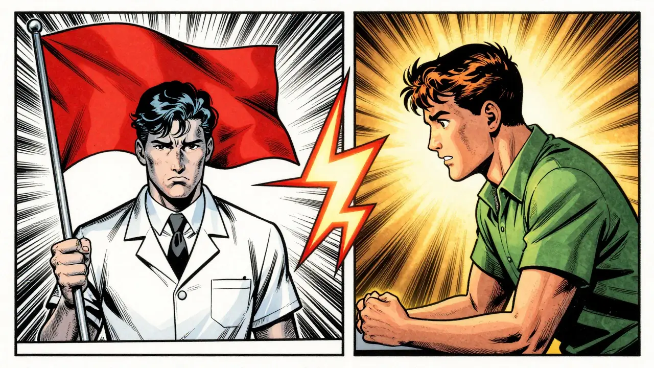 Srovnání lhostejného a empatického terapeuta v dynamickém stylu starších komiksů.