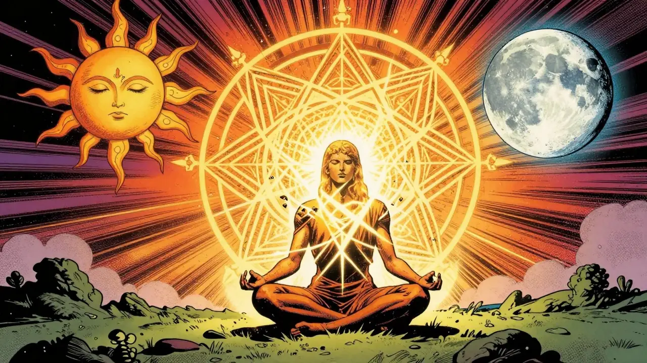 Symbolické zobrazení procesu individuace a dosažení celistvosti v stylu vintage komiksů.