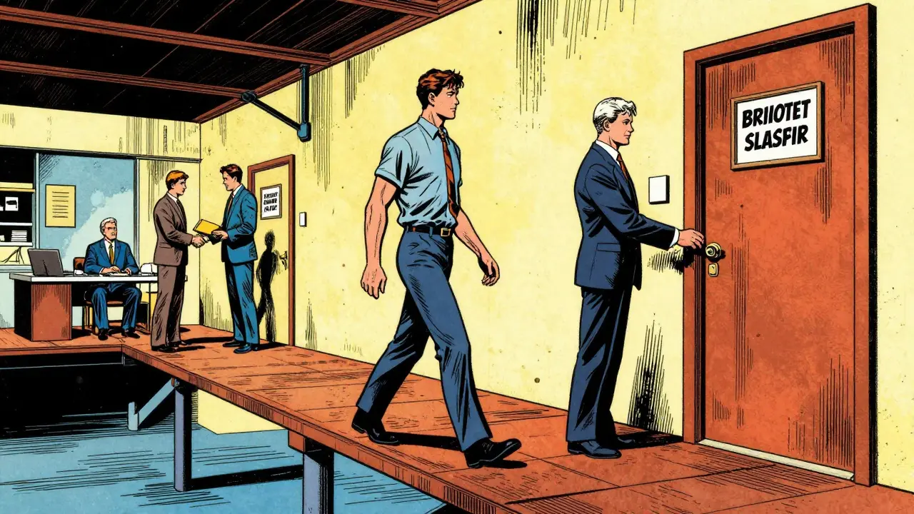 Symbolický přechod pacienta k novému specialistovi v stylu starších komiksů.