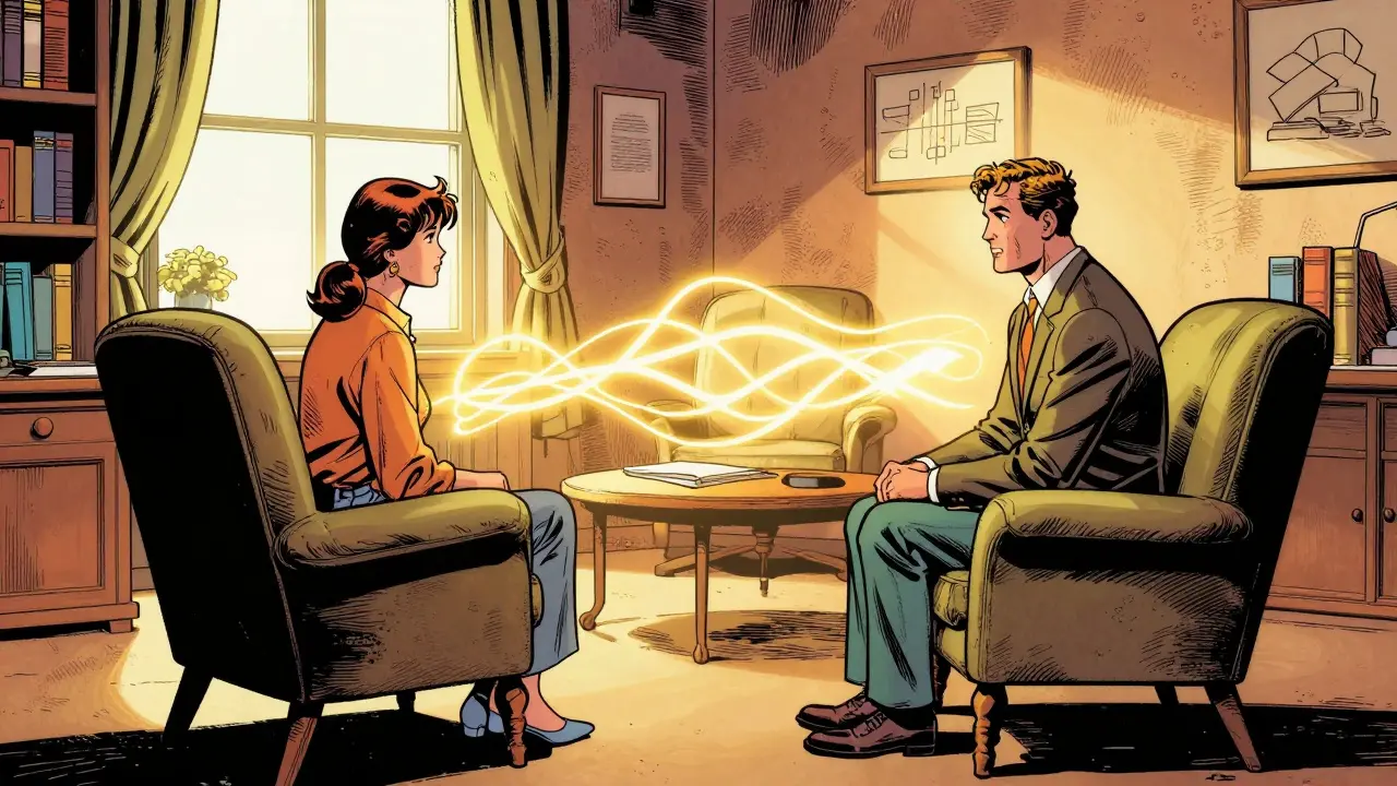 Terapeut a klient v kanceláři spojený zlatou aurou důvěry v komiksovém stylu.