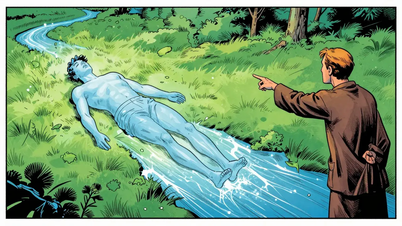 Terapeut doprovázející pacienta v symbolické krajině během imaginativní terapie.