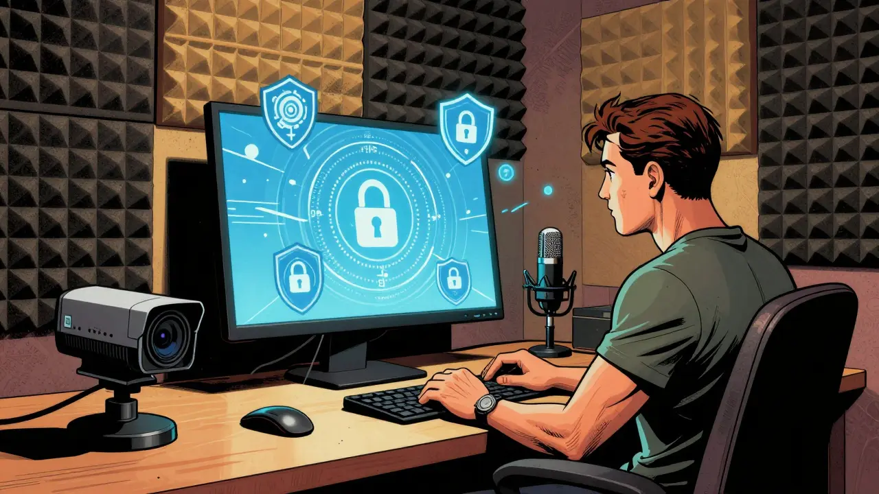 Terapeut v zabezpečené domácí kanceláři s prvky šifrování dat v stylu retro komiksu.