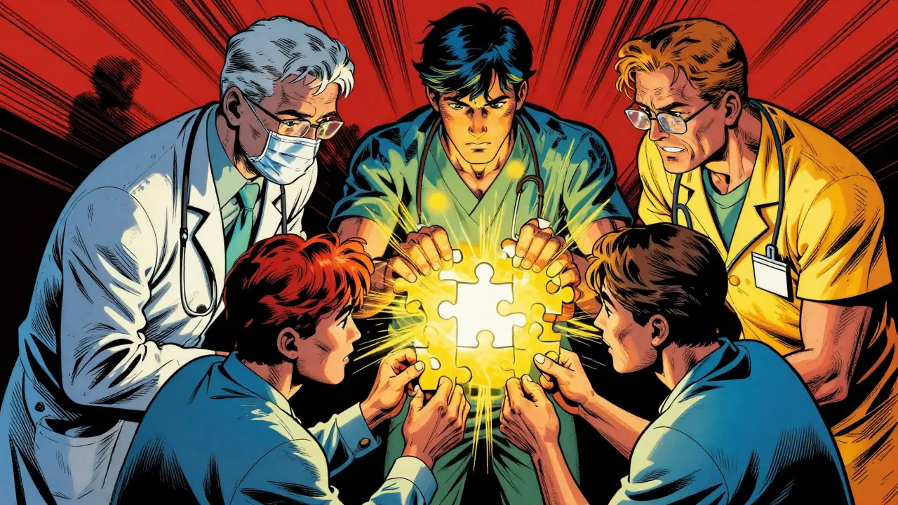 Tým specialistů spolupracuje na řešení složitého puzzle uzdravení.