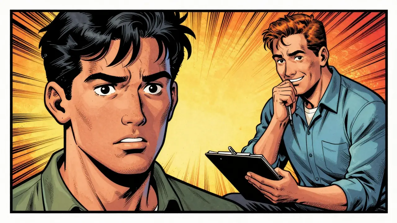 Upřímný rozhovor pacienta a terapeuta o doporučení v retro komiksovém stylu.