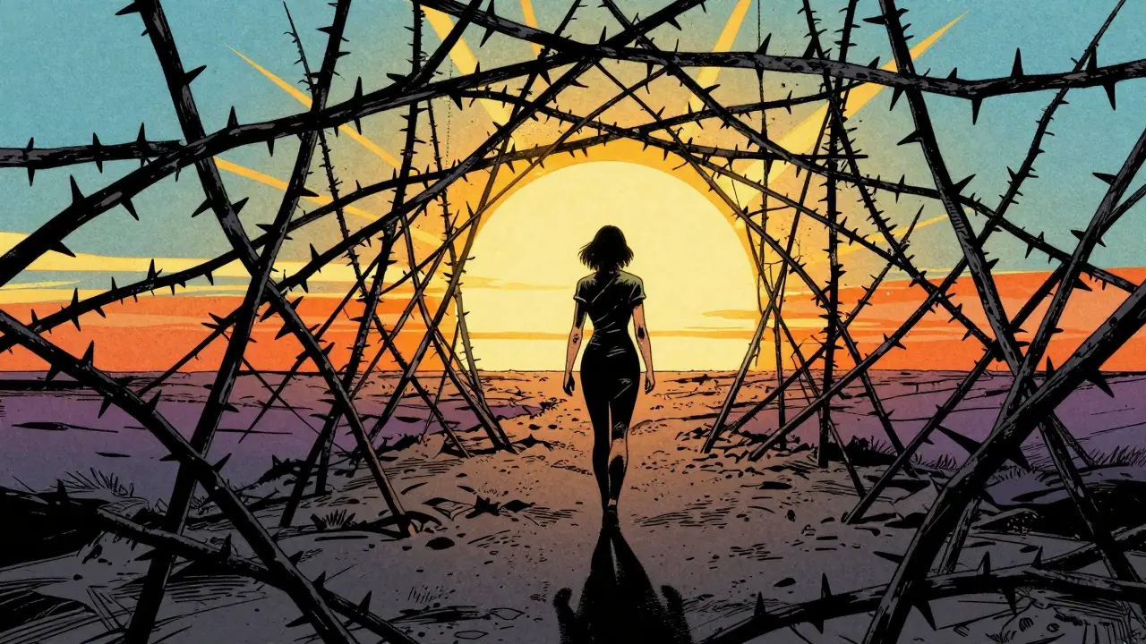 Žena odchází z temné sítě trnů směrem k jasnému obzoru a slunci.