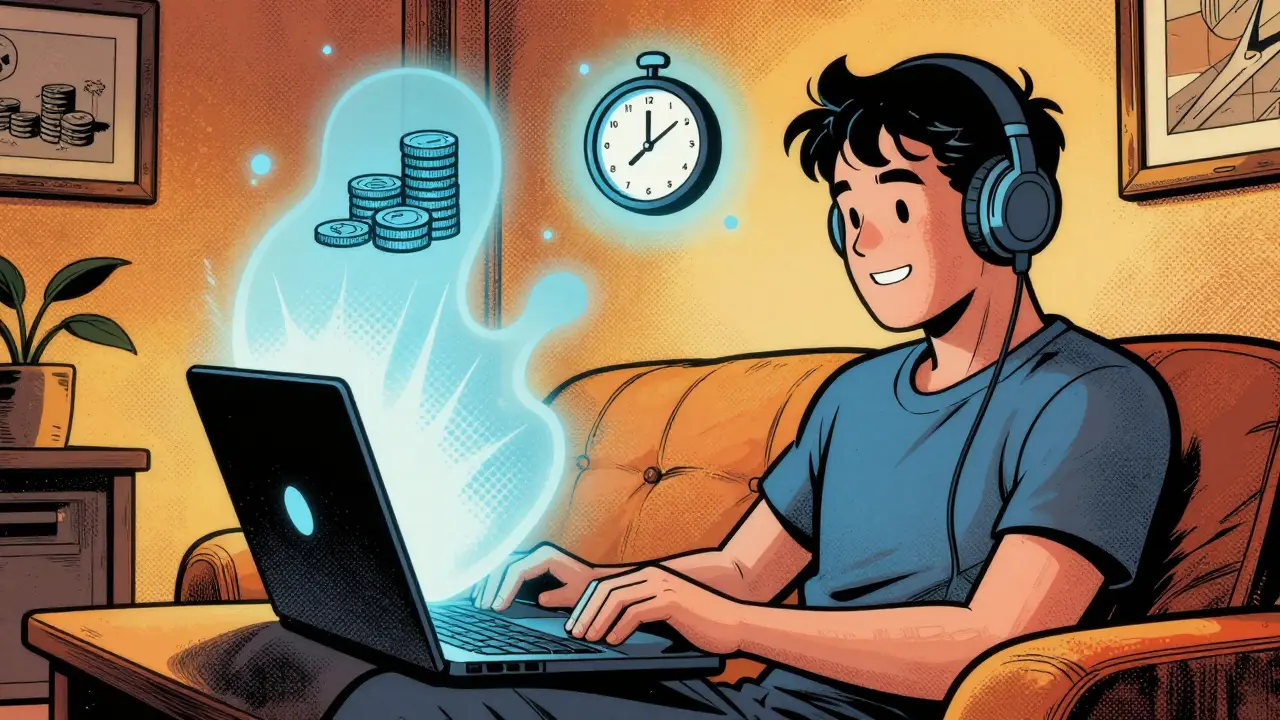 Člověk se usmívá při online terapii z pohodlí domova