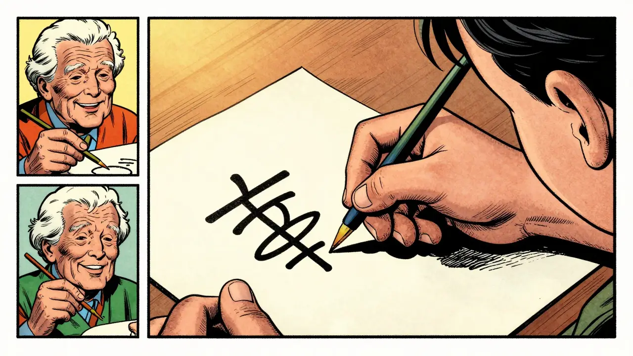 Dítě kreslí symboly a senior maluje vzpomínky v komiksovém stylu