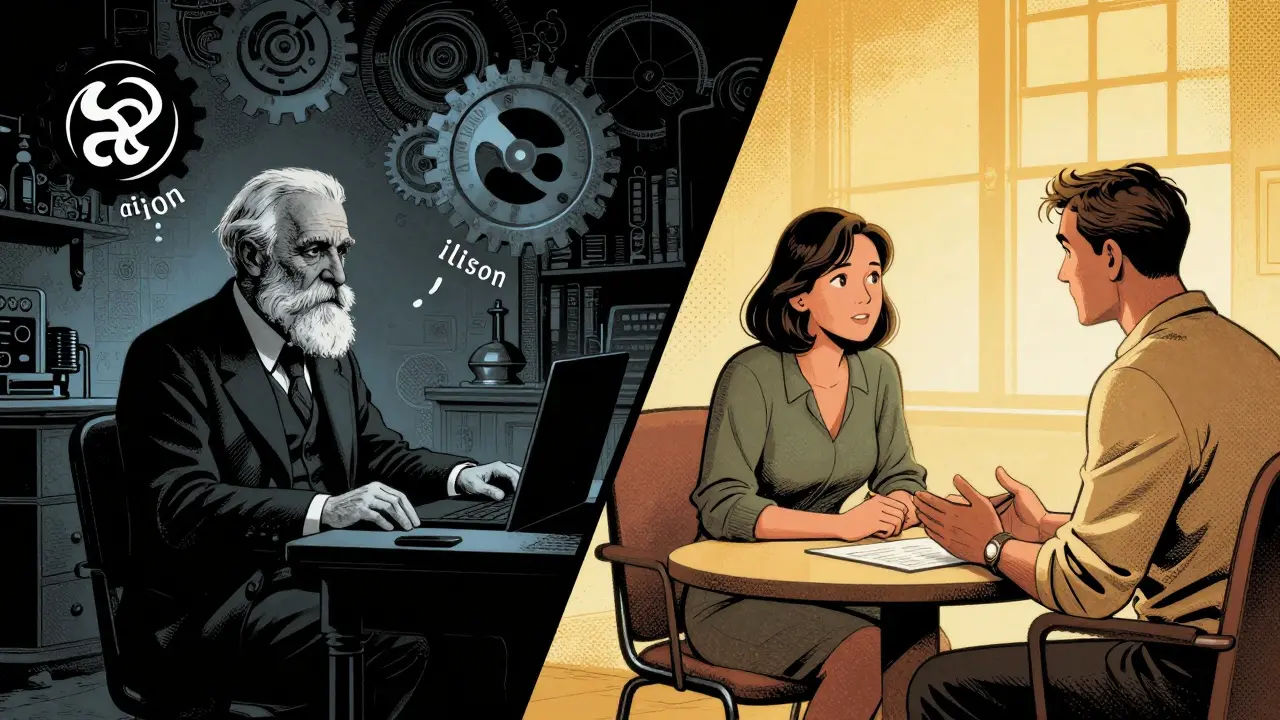 Komiksová scéna ukazující kontrast mezi Freudy a moderní terapií