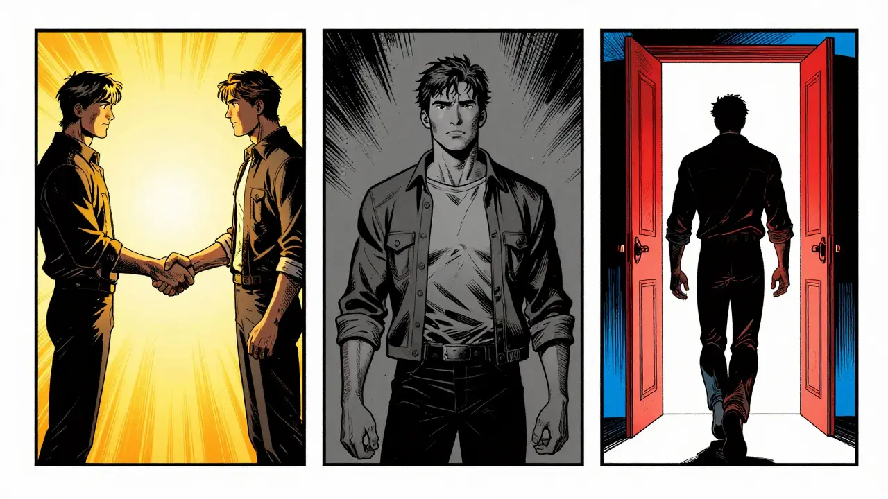 Komiksový panel znázorňující tři fáze rozhodování o terapii.