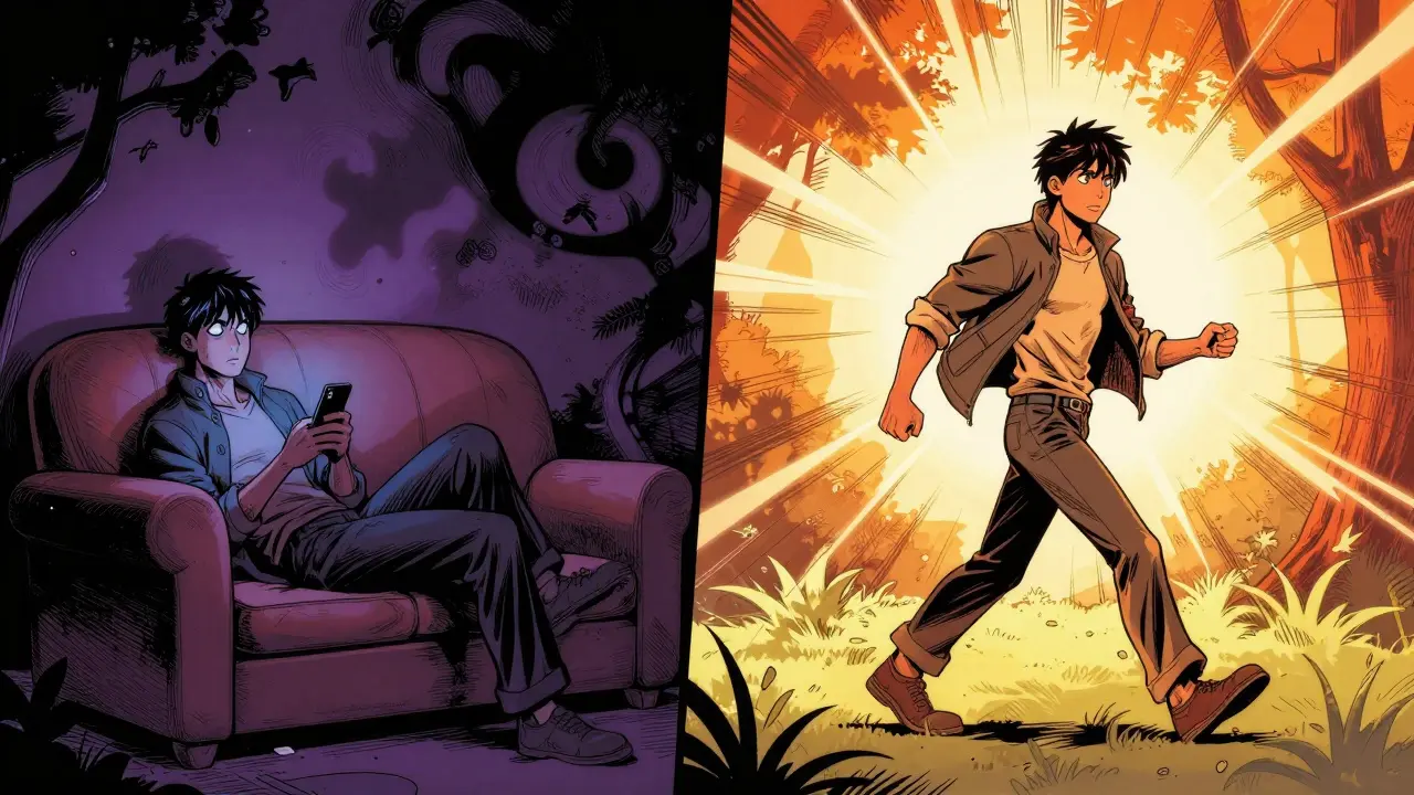 Konec pasivního scrollování a aktivní regenerace v přírodě v komiksovém stylu.