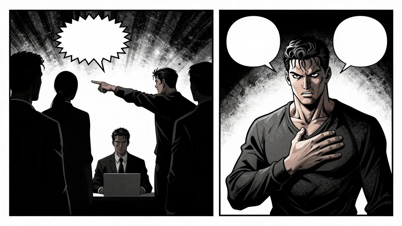 Rozdíl mezi obviňováním okolí a sebereflexí v komiksovém stylu