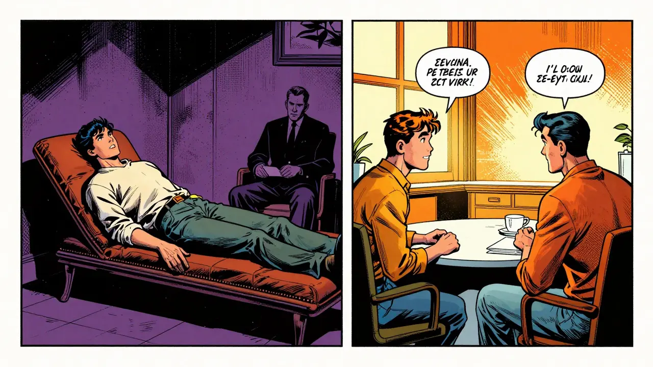 Srovnání psychoanalýzy a KBT v komiksovém stylu