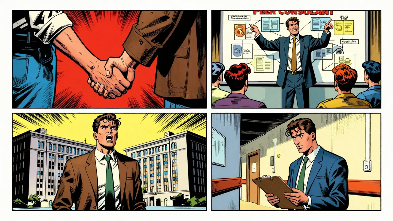 Čtyři komiksové postavy představující různé role v systému peer podpory.