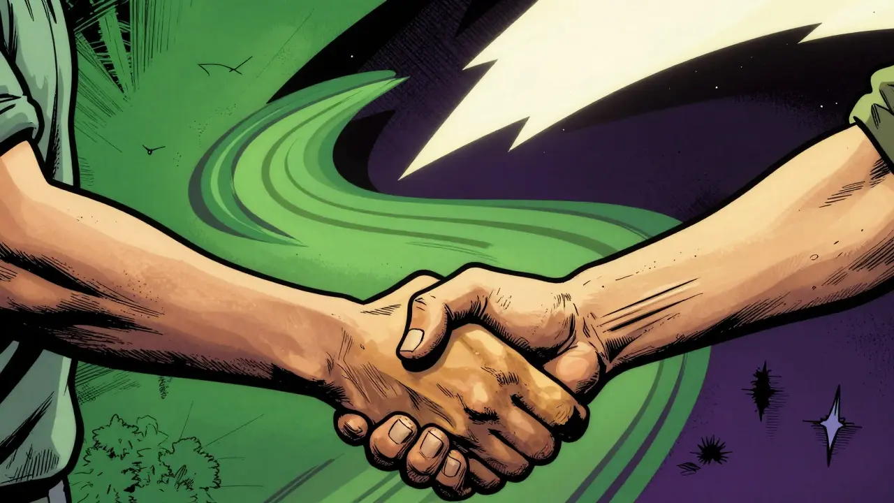 Dva lidé si podávají ruce jako symbol důvěry a nové cesty k uzdravení