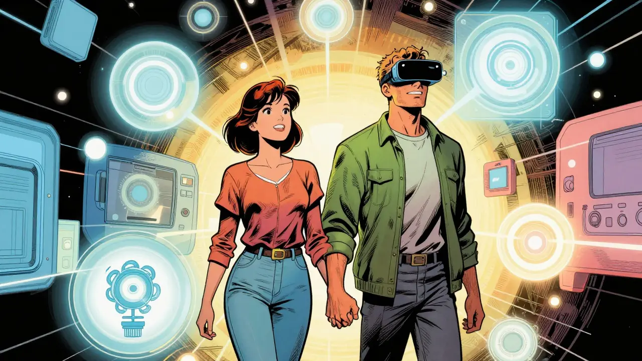 Koncept budoucnosti terapie s technologiemi AI a VR v barevném komiksovém stylu