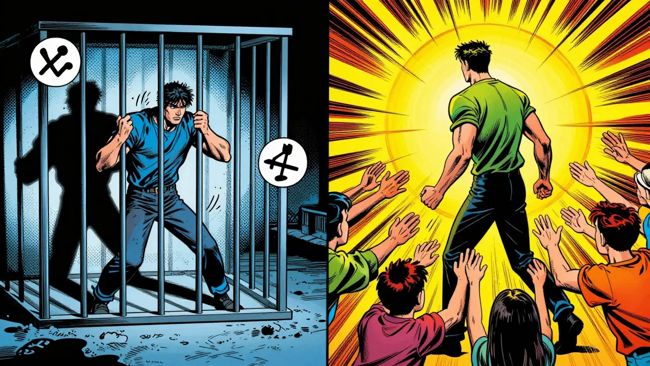 Přechod od izolace k podpoře rodiny ve stylu komiksu