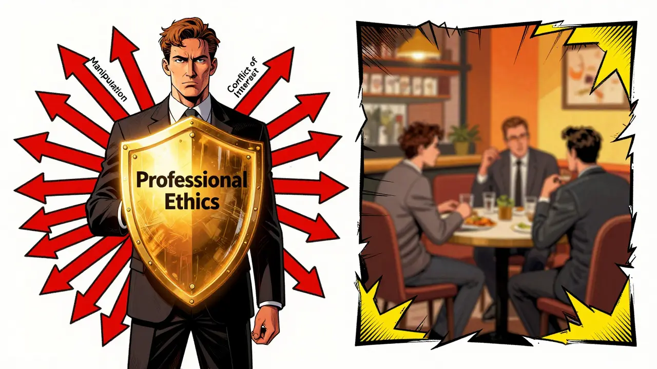 Terapeut chránící hranice před manipulací pomocí etického štítu v komiksovém stylu